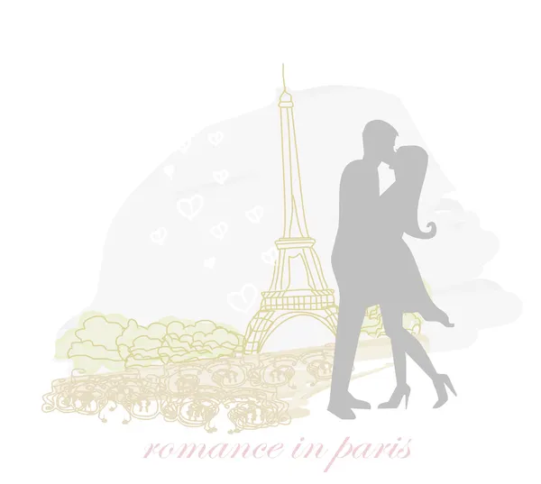 Романтична пара в Парижі цілується біля картки Eiffel Tower Retro — стоковий вектор
