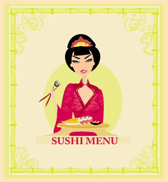 Piękne Azji dziewczyna cieszyć sushi - szablon menu — Wektor stockowy