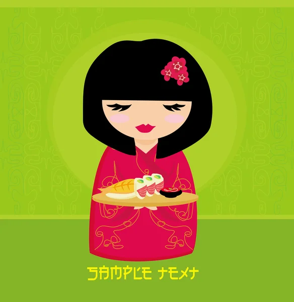 Krásná asijská dívka těšit sushi - menu šablona — Stockový vektor