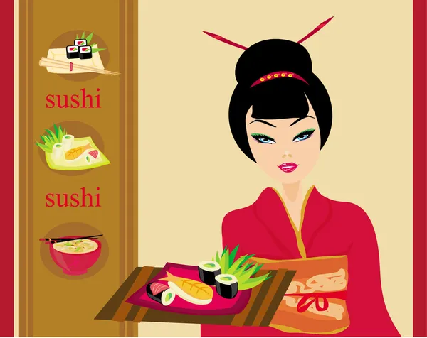 Bella ragazza asiatica godere di sushi modello di menu — Vettoriale Stock