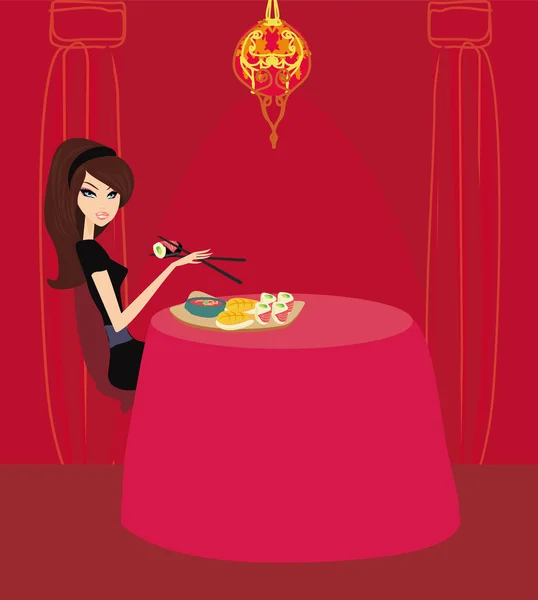 Belle fille profiter de sushi au restaurant — Image vectorielle