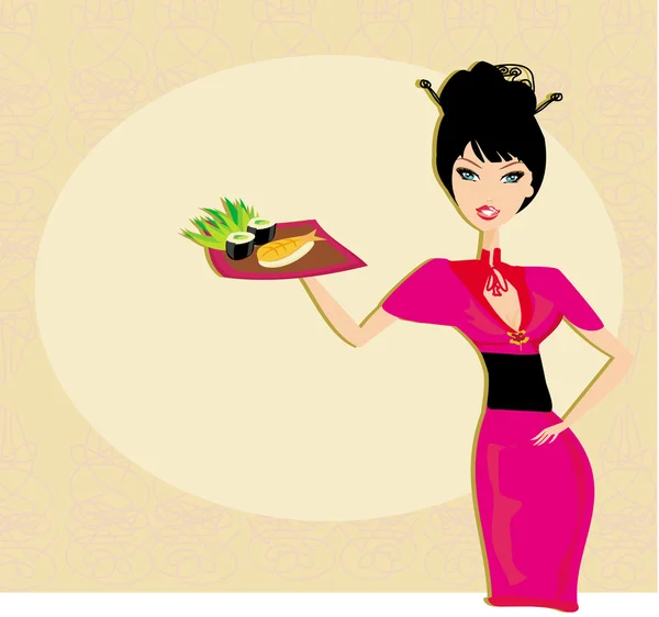 Hermosa chica asiática disfrutar de sushi - plantilla de menú — Archivo Imágenes Vectoriales