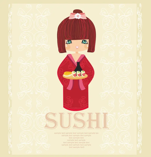 Beautiful Asian girl enjoy sushi - menu template — Stock Vector