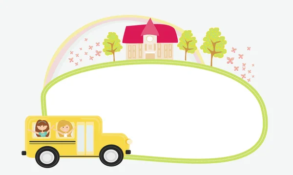 Ein Schulbus auf dem Weg zur Schule mit glücklichen Kindern und Rahmen — Stockvektor