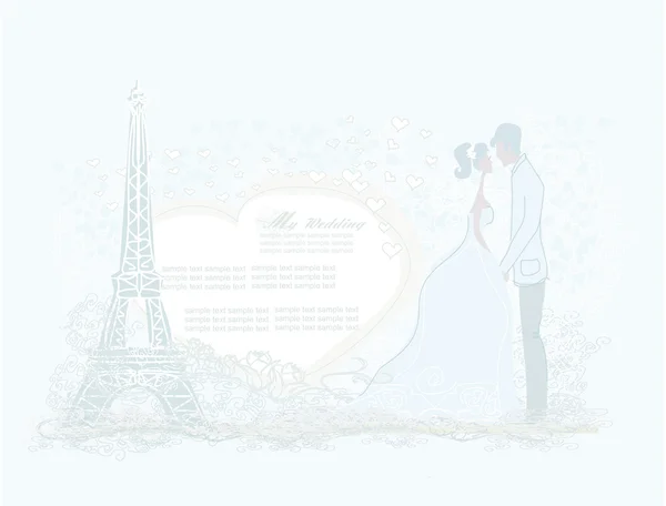 Romantisch bruidspaar in Parijs dat kust bij de Eiffeltoren. Retrokaart. — Stockvector