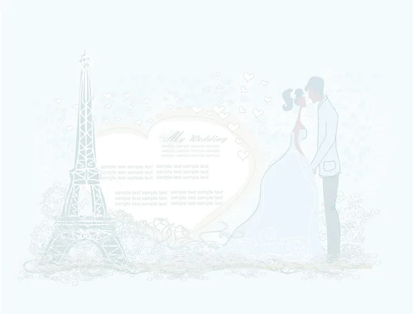 Romantic wedding couple in Paris kissing near the Eiffel Tower. Retro card. — Stock Vector