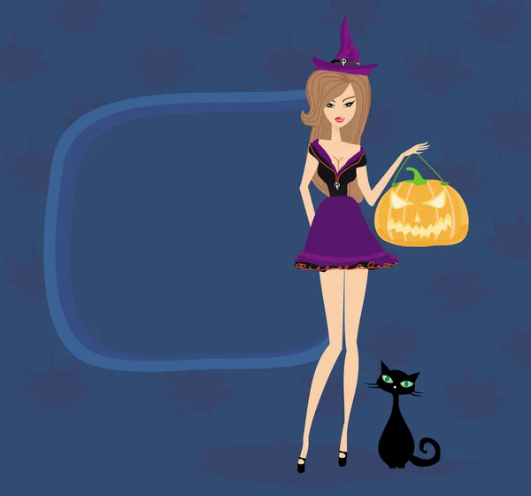Halloween witch standing with pumpkin — Stock Vector
