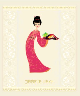 Beautiful Asian girl enjoy sushi - menu template clipart