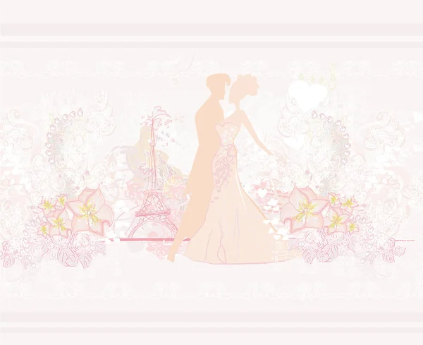 Casal romântico em Paris, perto da Torre Eiffel. Silhueta — Vetor de Stock