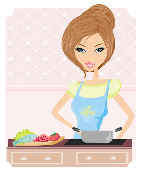 Beautiful lady cooking in the kitchen — Stock Vector