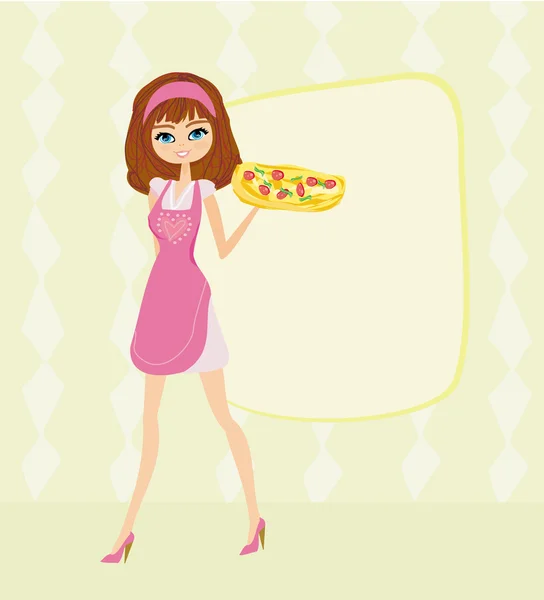 美人のウエイトレスはピザを楽しんでいます — ストックベクタ