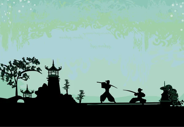 Samurai silhouette in Asian Landscape — Stock Vector