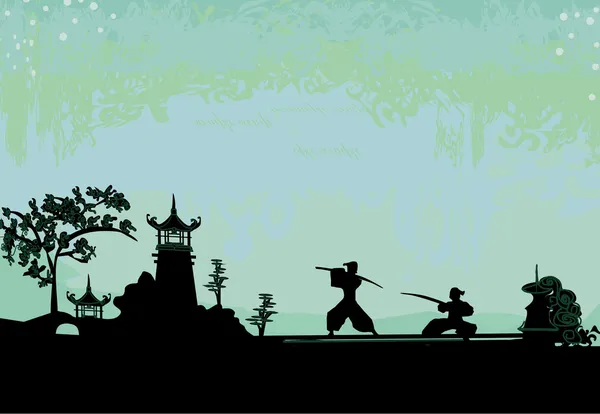 Silueta samurai en paisaje asiático — Vector de stock