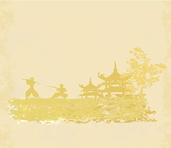 Samurai silhouette in Asian Landscape — Stock Vector