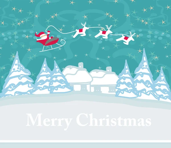 Щаслива новорічна листівка з Сантою та зимовим пейзажем — стоковий вектор