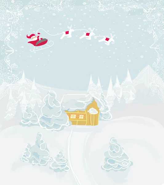 Gott nytt år kort med Santa och vinter landskap — Stock vektor