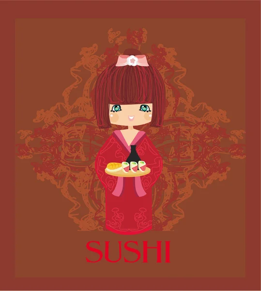 Belle fille asiatique profiter de sushi - modèle de menu — Image vectorielle