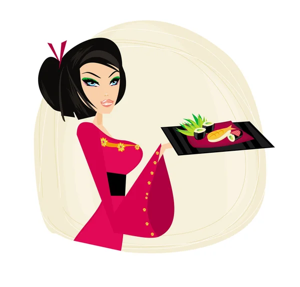 Güzel Asyalı kız suşinin tadını çıkar - menü şablonu — Stok Vektör