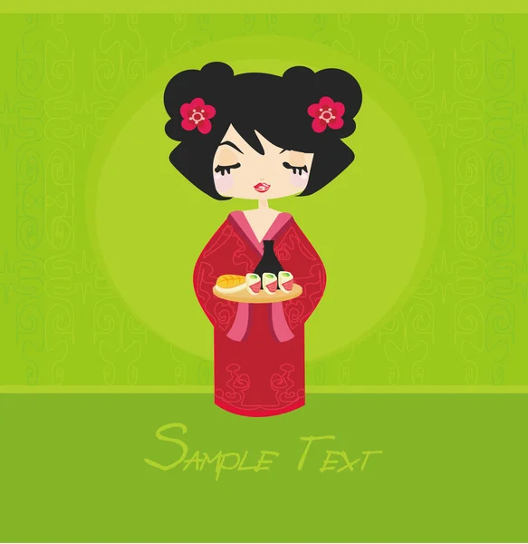 Beautiful Asian girl enjoy sushi - menu template — Stock Vector