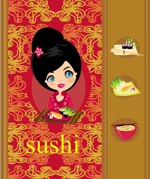 아름다운 아시아 소녀가 초밥 메뉴를 즐겨 먹다 — 스톡 벡터