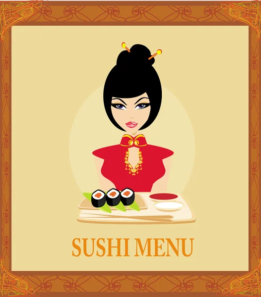 Piękne Azji dziewczyna cieszyć sushi - szablon menu — Wektor stockowy