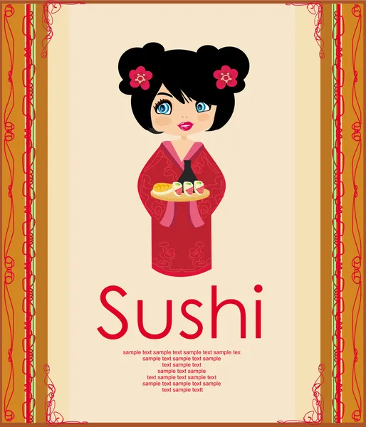 Belle fille asiatique profiter de sushi - modèle de menu — Image vectorielle