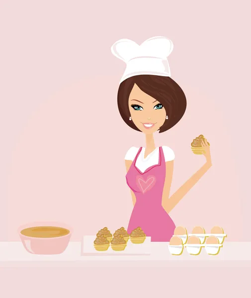 Beautiful Housewife cooking cakes — Stock Vector