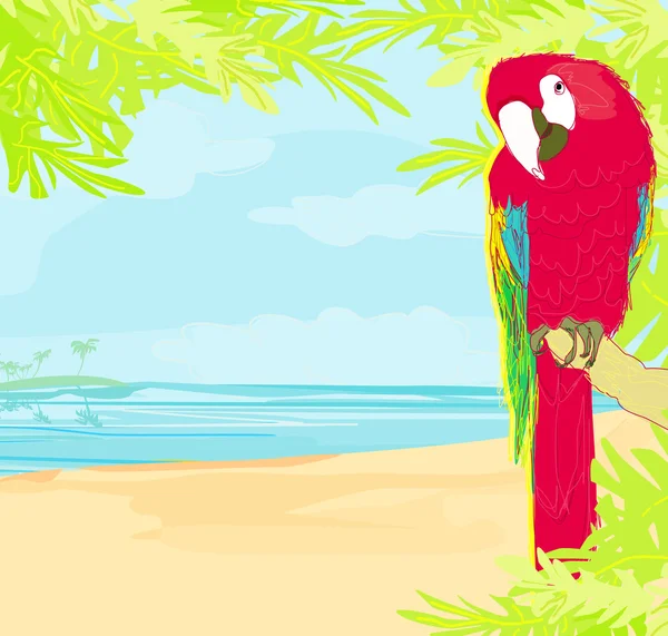 色彩斑斓的鹦鹉鸟坐在沙滩上的栖木上 — 图库矢量图片