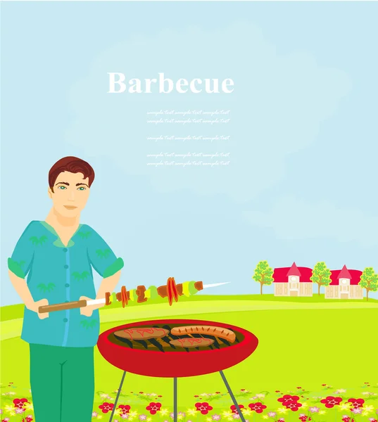 Homme cuisine sur son barbecue — Image vectorielle