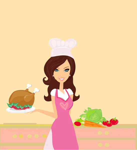 Housewife serving a chicken — Stock Vector