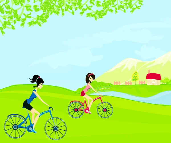 Δύο κορίτσια χαλαρώνουν ποδηλασία — Διανυσματικό Αρχείο