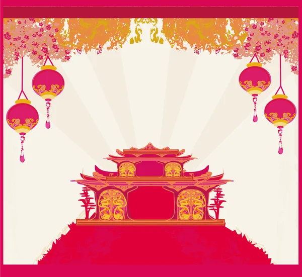 Oud papier met Aziatische landschap en Chinese lantaarns - vintage Japanse stijl achtergrond — Stockvector