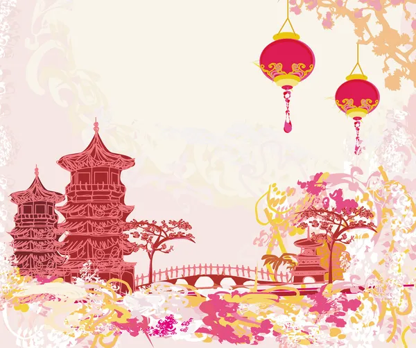 Oud papier met Aziatische landschap en Chinese lantaarns - vintage Japanse stijl achtergrond — Stockvector