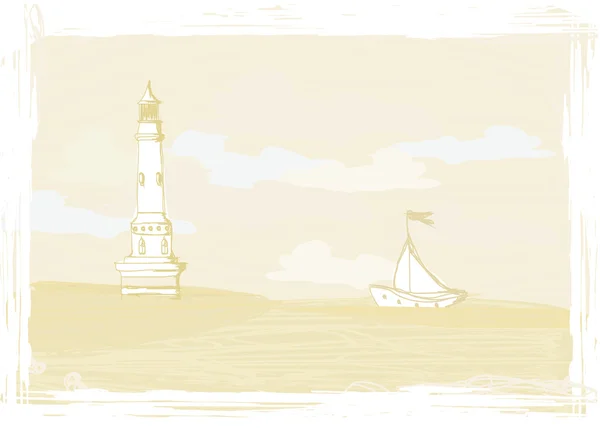 从一个小小的海滩上看到的灯塔- - Grunge卡 — 图库矢量图片