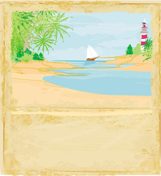 Маяк с крошечного пляжа - Grunge card — стоковый вектор