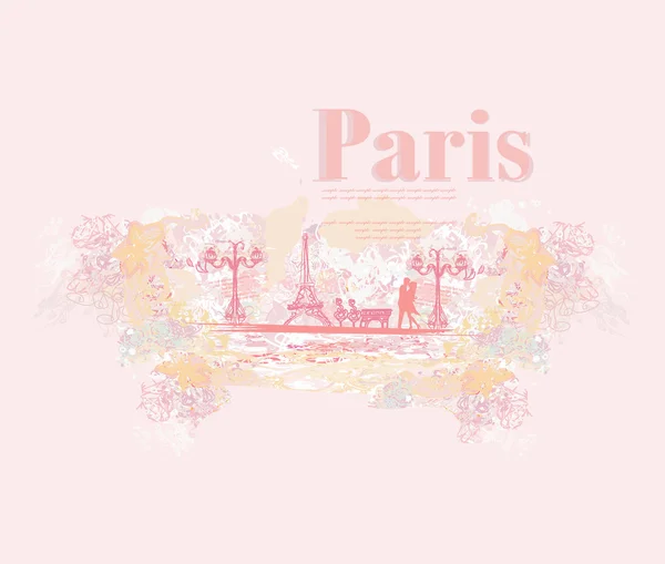 에펠 탑 레트로 카드 근처에서 키스하는 파리의 낭만적 인 부부 — 스톡 벡터
