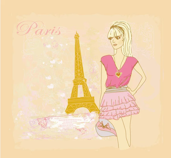 Belle donne Shopping a Parigi - carta vettoriale — Vettoriale Stock