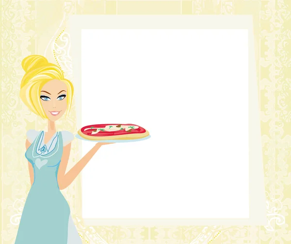 Güzel bir kadın pizzadan hoşlanır. — Stok Vektör