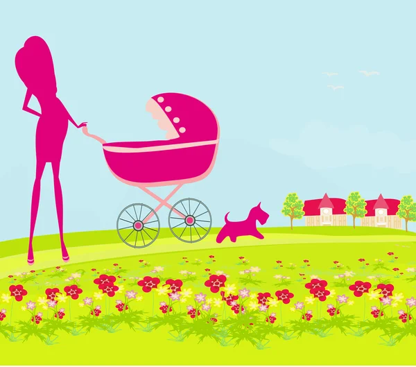 Beautiful pregnant woman pushing a stroller walking with her dog in a park — Stock Vector