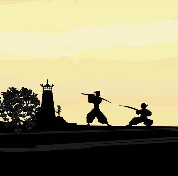 Vecchia carta con silhouette Samurai — Vettoriale Stock