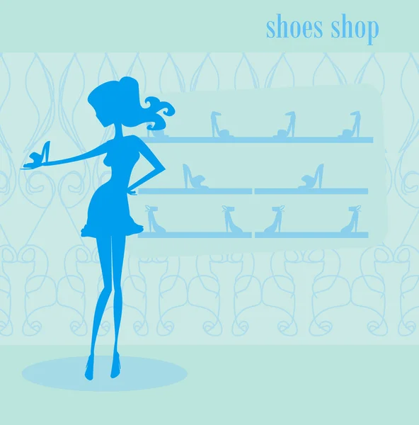 Moda kızı ayakkabı dükkanından alışveriş yapıyor. — Stok Vektör