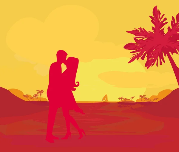 在热带海滩亲吻的轮廓夫妇 — 图库矢量图片