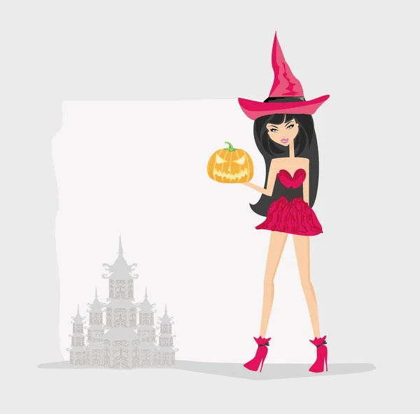 Halloween witch standing with pumpkin — Stock Vector