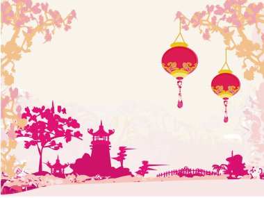 Old paper with Asian Landscape and Chinese Lanterns - vintage japanese style background clipart