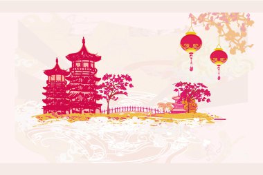 Old paper with Asian Landscape and Chinese Lanterns - vintage japanese style background clipart