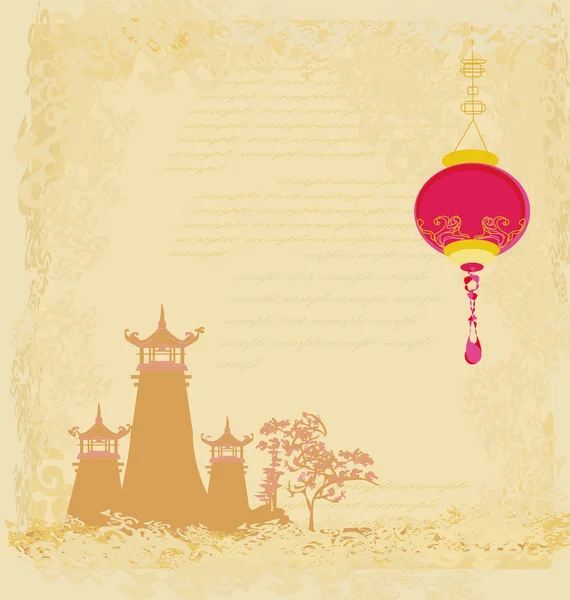 Vecchia carta con paesaggio asiatico e lanterne cinesi - sfondo in stile giapponese vintage — Vettoriale Stock