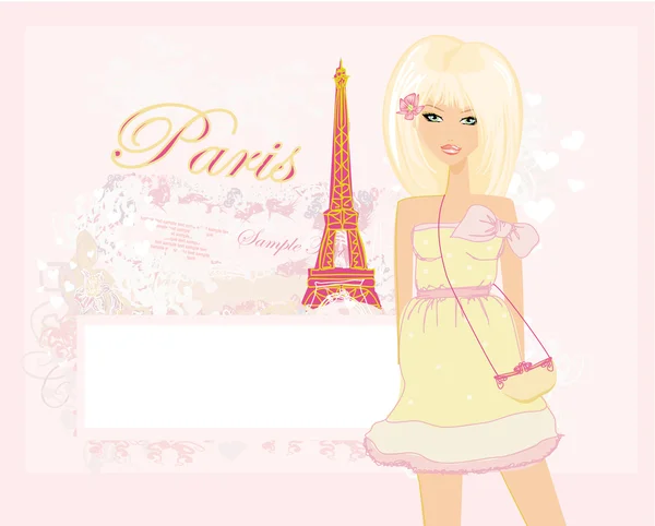 Paris 'te alışveriş yapan güzel kadınlar - vektör kartı — Stok Vektör