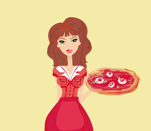 stock vector Beautiful woman enjoys pizza