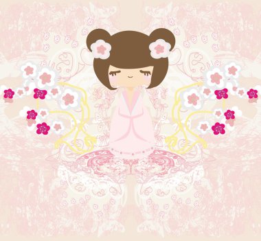 Kokeshi doll on the pink background with floral ornament clipart