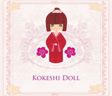 Kokeshi doll on the pink background with floral ornament clipart